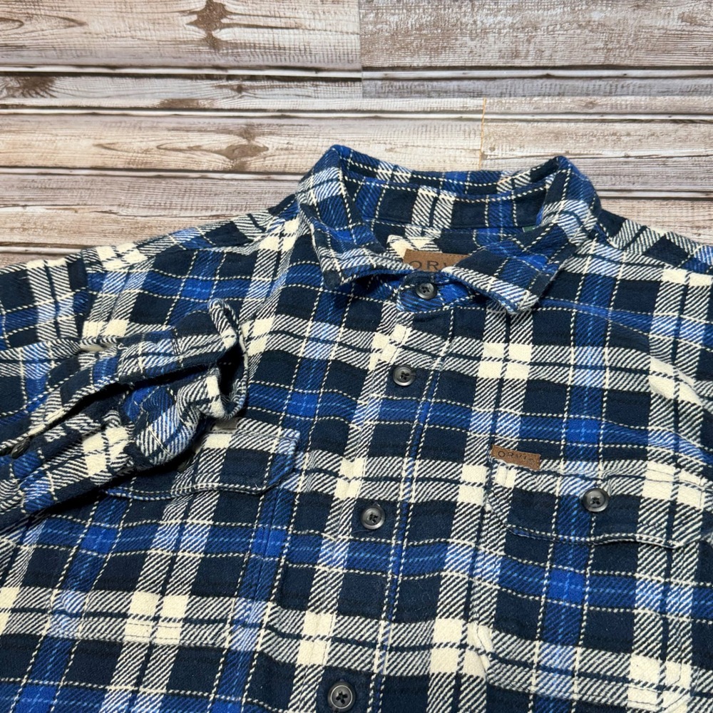Orvis Flannel Mens XL Blue Plaid Long Sleeve Button Down Heavyweight Cotton